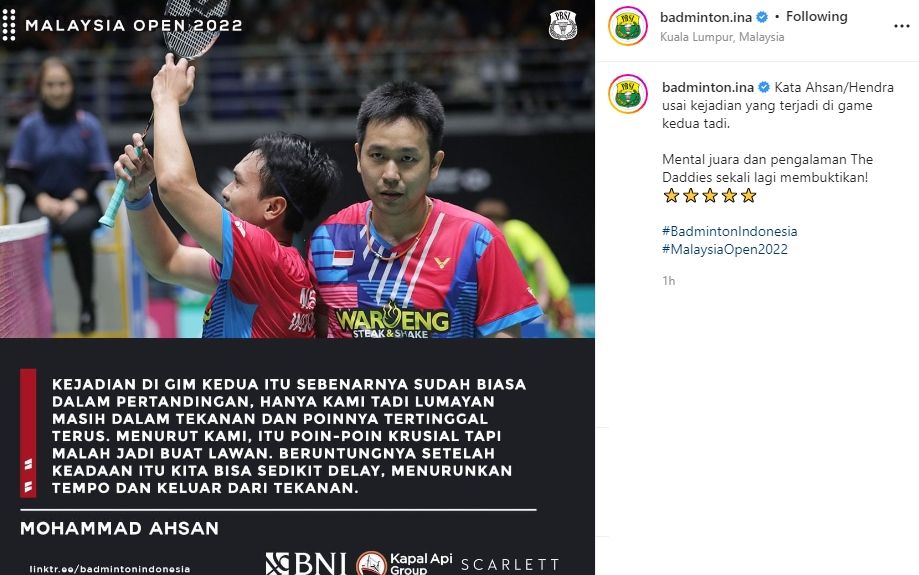 Respons Ahsan/Hendra usai dirugikan umpire di Malaysia Open 2022. (Instagram/badminton.ina)