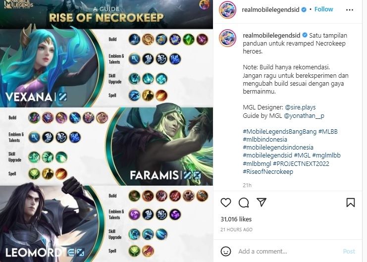 Panduan tiga hero revamp Rise of Necrokeep di patch terbaru Mobile Legends. [Instagram]