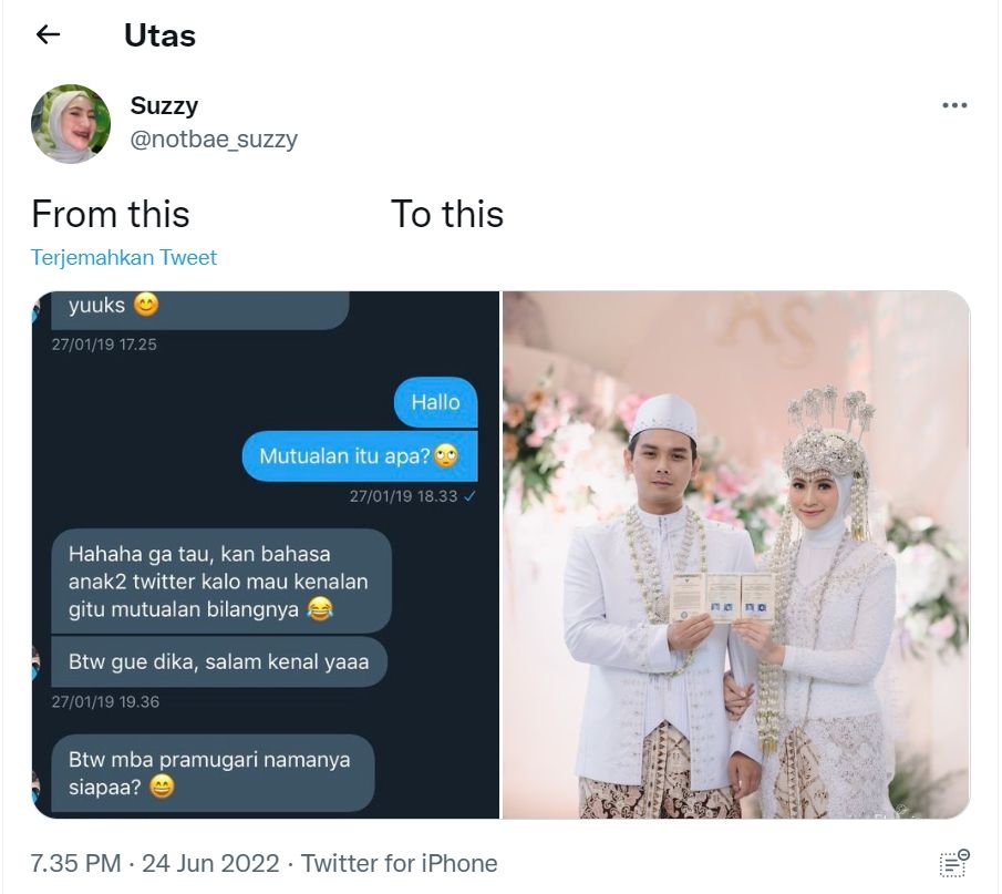 Viral seorang wanita temukan jodoh melalui Twitter, bermulai dari mutualan sampai ke jenjang pelaminan (Twitter/notbae_suzzy)