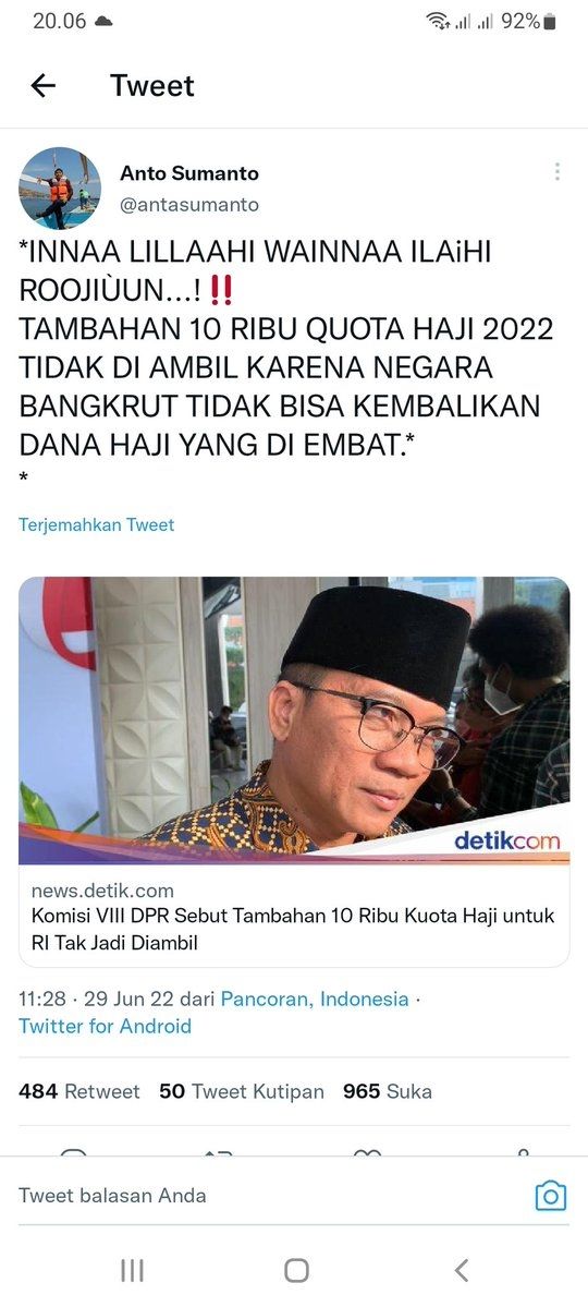 tangkapan layar cuitan akun Twitter @antasumanto