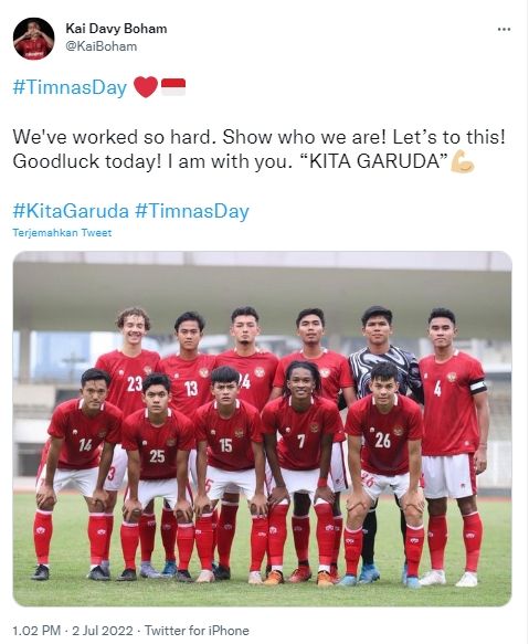 Kai Boham semangati pemain timnas Indonesia U-19. (Twitter/@KaiBoham)