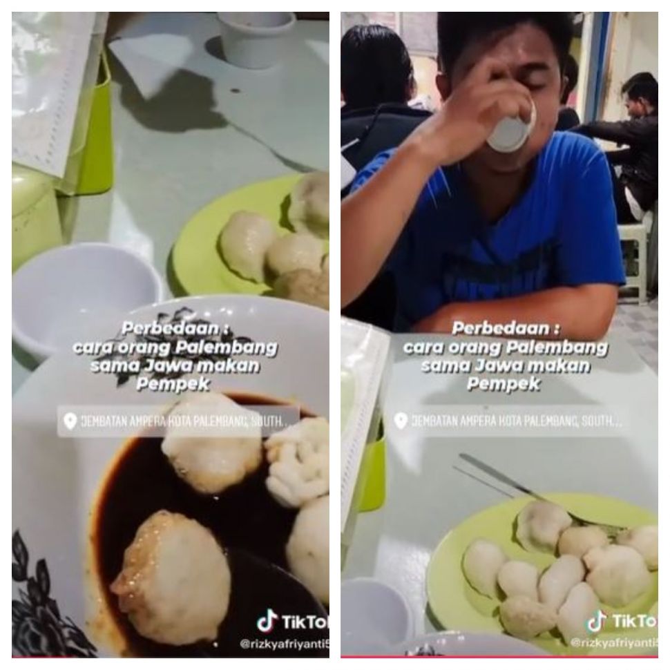 Perbedaan cara makan pempek (TikTok @rizkyafriyanti59)