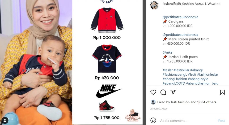 Intip OOTD yang dikenakan oleh Baby L, mulai dari baju sampai sepatu dengan total harga lebih dari Rp2 juta (Instagram/leslaralfatih_fashion)