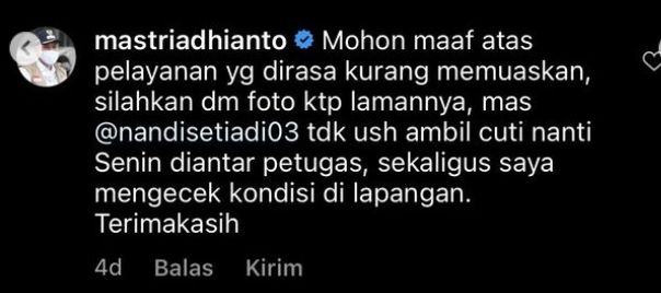 Seorang warga Kota Bekasi sekaligus pengguna media sosial Instagram, mengunggah curhatan betapa susahnya mengurus Kartu Tanda Penduduk alias KTP di daerah tersebut. [Instagram]