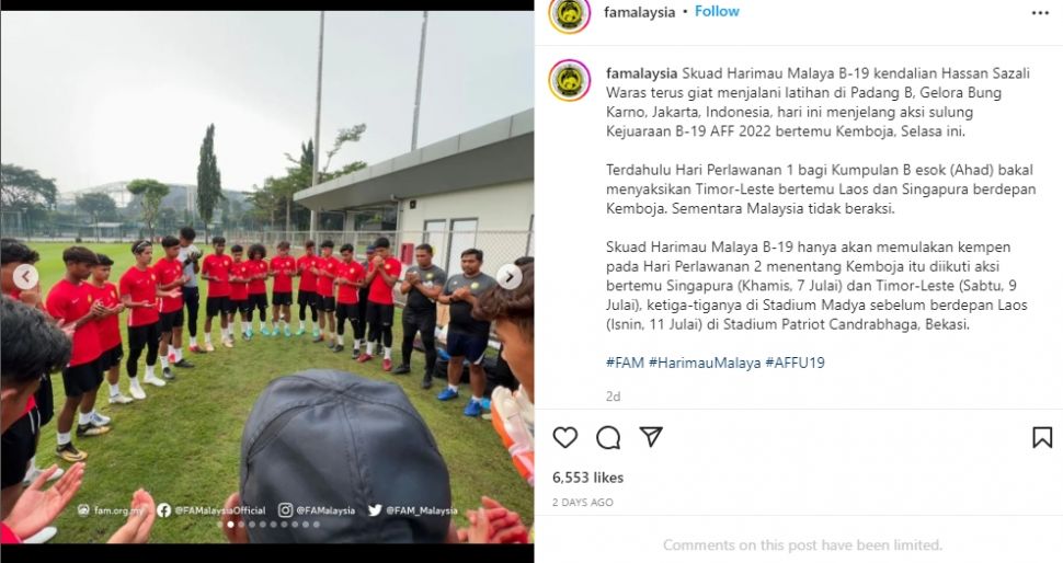 Skuad Malaysia U-19. (Instagram/famalaysia)