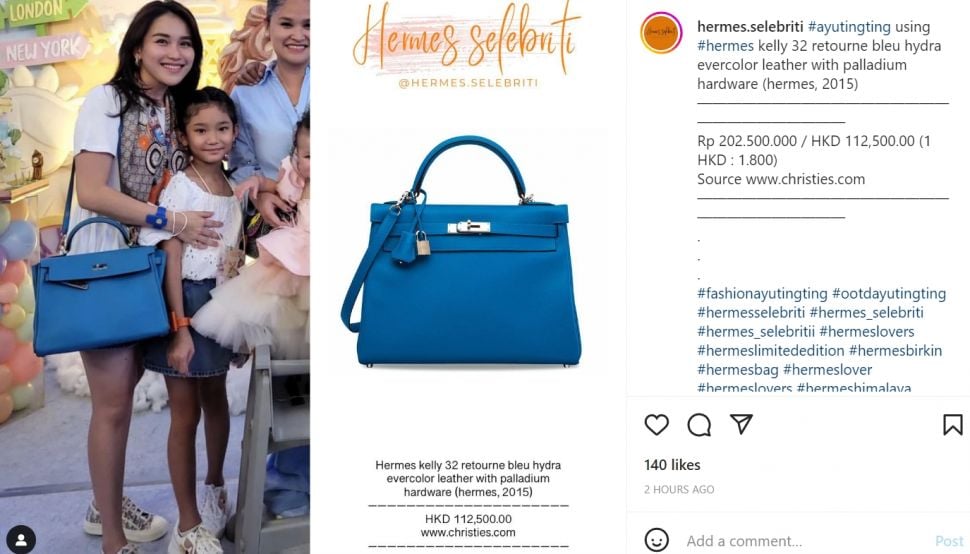 Ayu Ting Ting hadiri acara ulang tahun dengan mengenakan tas Hermes miliknya, warganet tanyakan mana yang baru (Instagram/hermes.selebriti)