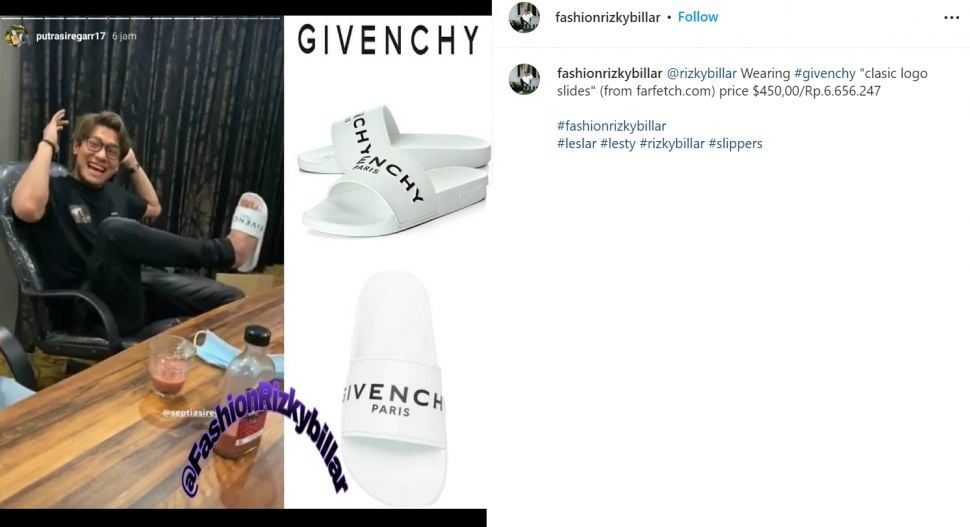 Rizky Billar temani Lesti Kejora makan di restoran, sandal Givenchy yang ia kenakan nggak kalah mahal dengan milik istri (Instagram/fashionrizkybillar)