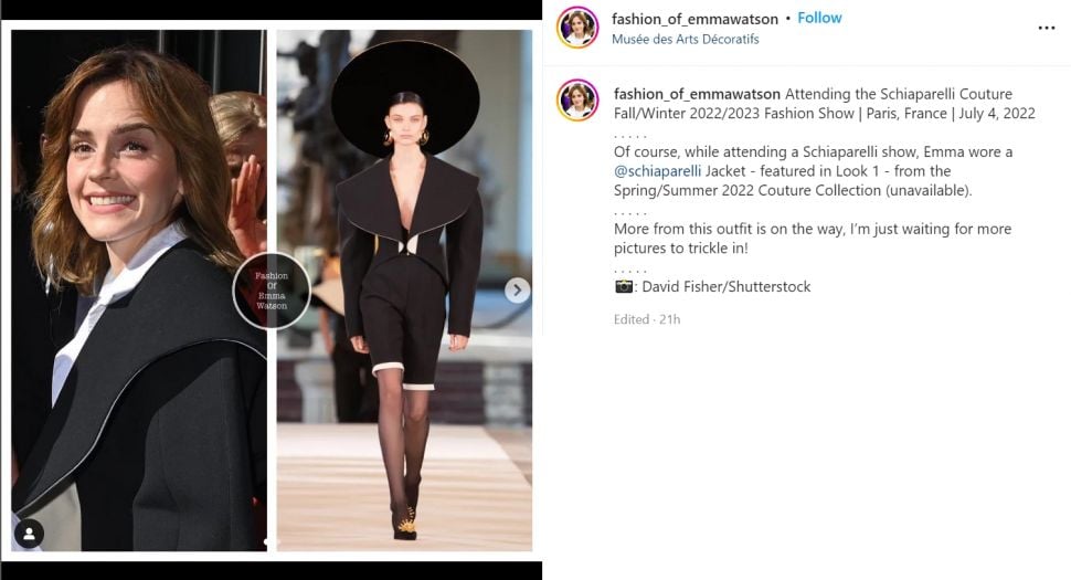 Emma Watson kejutkan penggemar dengan tampil eye-catching di acara fashion show Schiaparalli di Paris (Instagram/fashion_of_emmawatson)