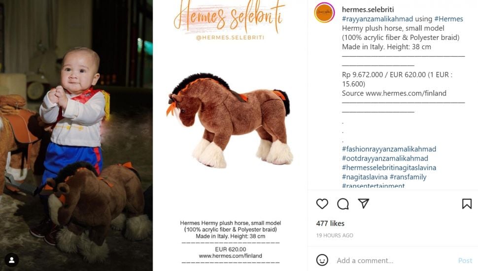 Intip gaya Baby Rayyanza naik boneka kuda, ternyata bukan kaleng-kaleng dan harganya mencapai Rp9 juta (Instagram/hermes.selebriti)