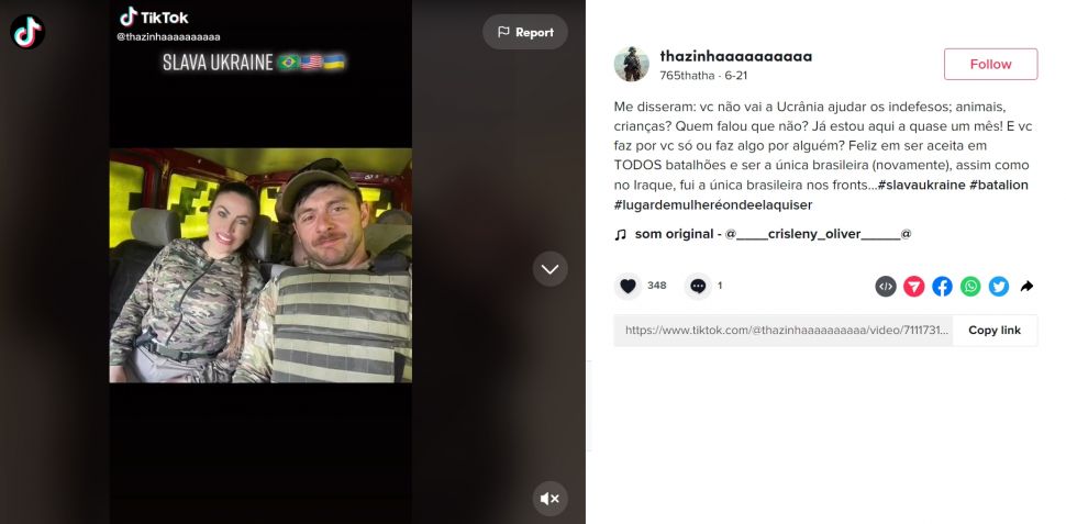 Viral seorang model asal Brazil yang tinggalkan pekerjannya untuk bergabung menjadi tentara Ukraina dan melawan Rusia. (TikTok/thazinhaaaaaaaaaa)