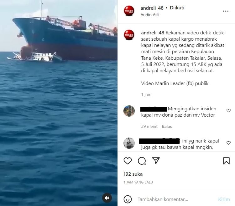 Peristiwa kapal kargo tabrak perahu nelayan (Instagram/ andreli_48)