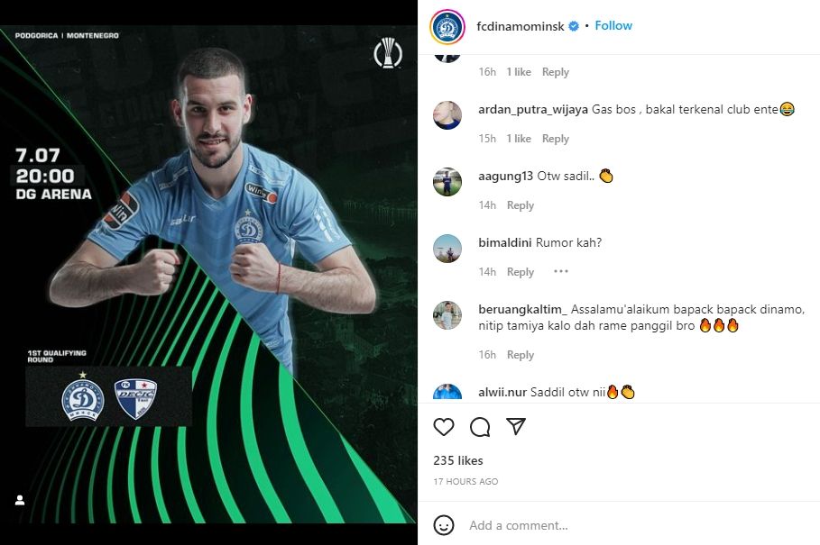 Dinamo Minsk diserbu netizen Indonesia usai dirumorkan dengan Saddil Ramdani. (Instagram/fcdinamominsk)