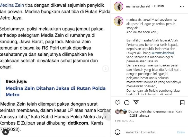 Unggahan Marissya Icha soal Medina Zein yang dijemput paksa dan kini ditahan di Polda Metro Jaya pada Kamis (7/7/2022) tadi. [Instagram]