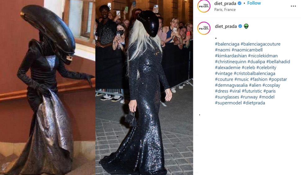 Kim Kardashian tampil dengan mengenakan dress dan topeng serba hitam yang membuatnya dikira pergi ke acara sekte (Instagram/diet_prada)