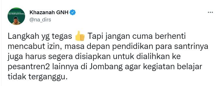 Cuitan gus nadir yang mengkritisi pemerintah soal pencabutan izin Ponpes di Jombang