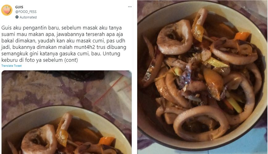 Unggahan istri curhat masakannya dimuntahkan dan dibuang. (Twitter/FOOD_FESS)