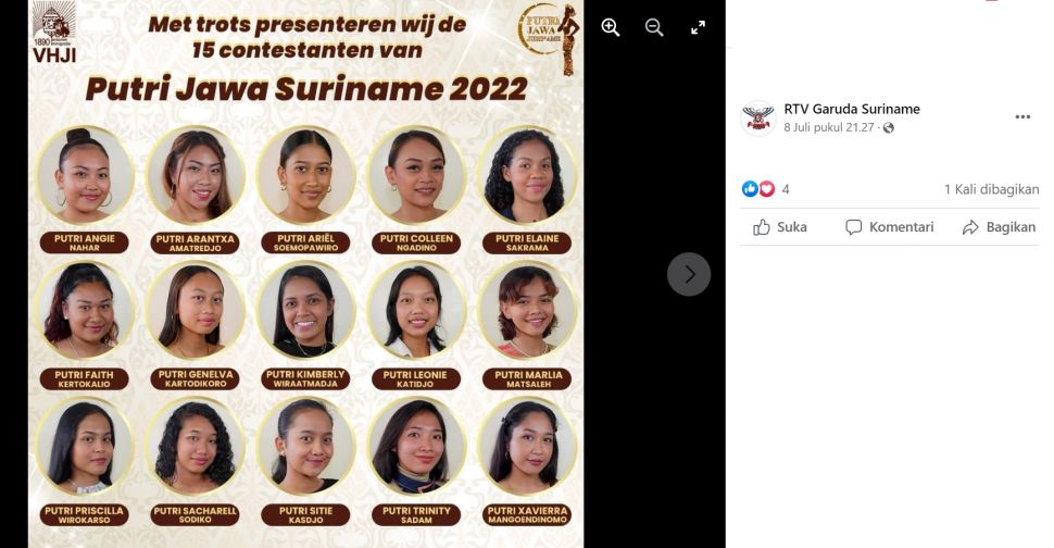 Viral sebuah kontes bernama Putri Jawa Suriname tahun 2022, nama dari para pesertanya berhasil jadi sorotan (Facebook/PutriJawaSuriname)