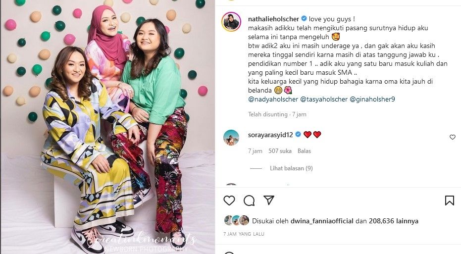 Nathalie Holscher mengunggah tulisan tentang adik-adiknya di Instagram.