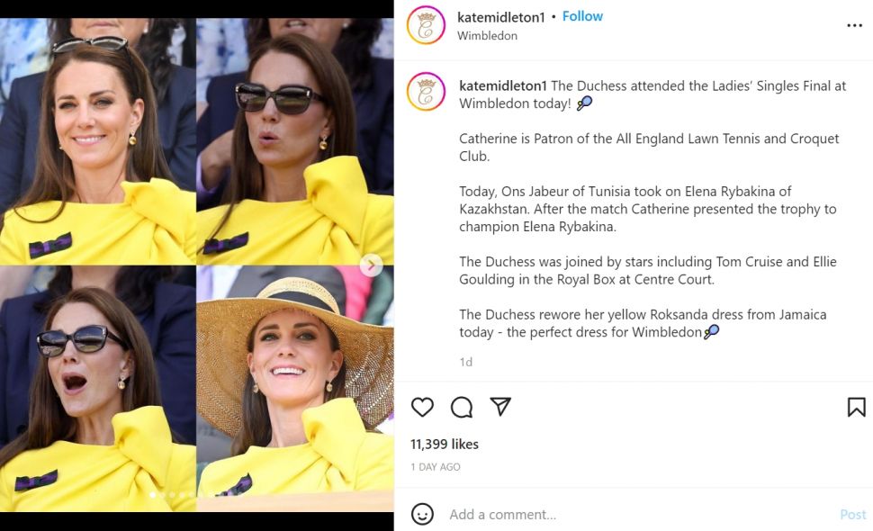 Intip gaya Kate Middleton ketika menghadiri Kejuaraan Tennis di Wimbldeon dengan mengenakan pita spesial (Instagram/katemiddleton1)
