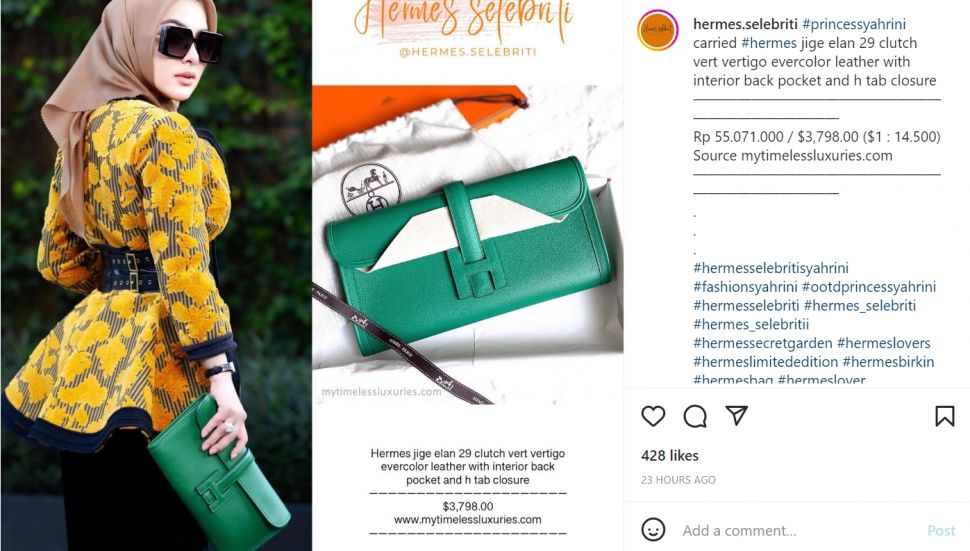 Gaya Syahrini tenteng dompet warna hijau dari Hermes, malah dibilang tumben murah oleh warganet (Instagram/hermes.selebriti)