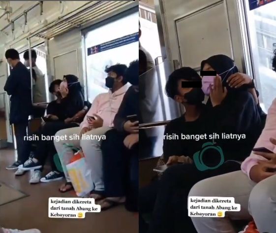 Momen dua sejoli mesra-mesraan di kereta. (Twitter/tanyakanrl)