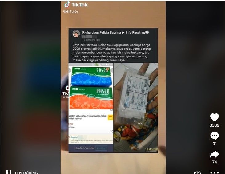 Tergiur Beli Tisu Rp99, Pembeli Ini Malu Saat Lihat Barang yang Datang. (Dok: TikTok/ellfujoy)