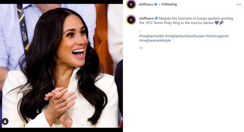 Intip gaya Meghan Markle kenakan cincin tenis dengan harga Rp42 juta, ternyata ada makna yang mendalam (Instagram/shiffonco)