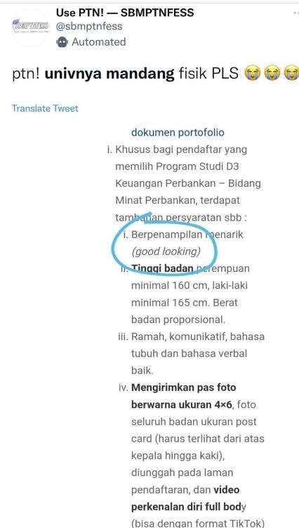 Warganet dibuat geram setelah viral persyaratan-persyaratan bagi lulusan SMA yang ingin mengikuti tes masuk Universitas Brawijaya, Malang, Jawa Timur. Sebabnya, salah satu persyaratan yang harus dipenuhi setiap calon peserta tes ujian masuk Unbraw adalah good looking atau berpenampilan menarik. [Twitter]