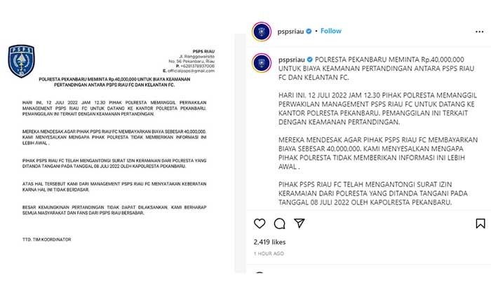 Surat PSPS Riau terkait uang pengamanan Polresta Pekanbaru sebesar Rp40 juta. [Tangkapan layar Instagram PSPS Riau]