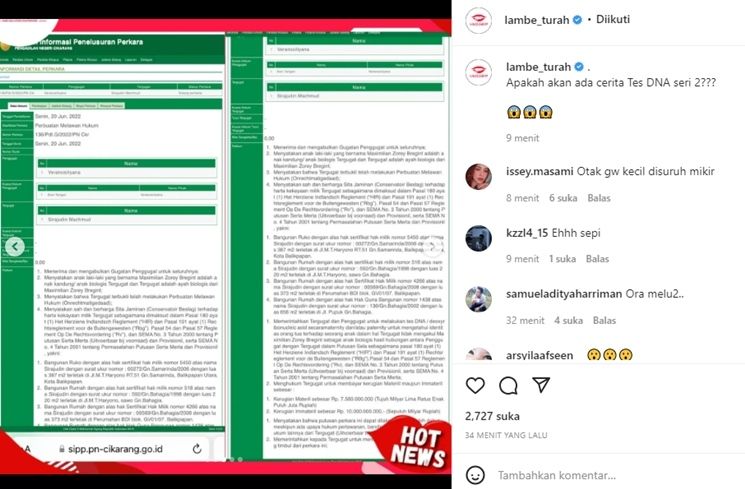 Perempuan berinisial V mengunggah suami Zaskia Gotik, Sirajuddin Mahmud di  Pengadilan Negeri Cikarang. V meminta pengakuan terkait anak mereka. [Instagram]