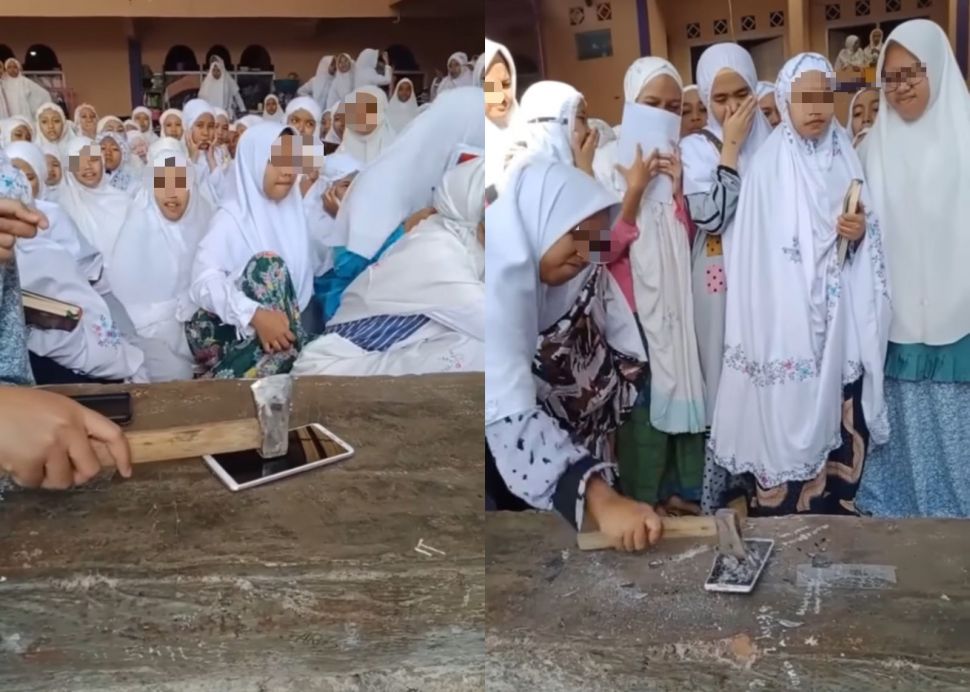 Momen penghancuran handphone sitaan di pondok pesantren (Instagram/ memomedsos_official)