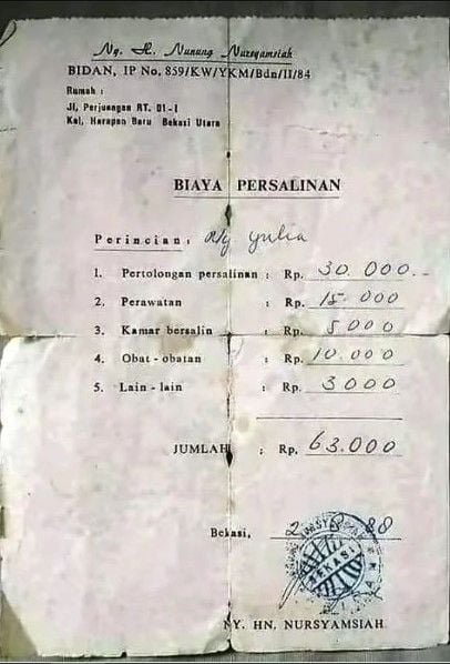 Biaya persalinan tahun 1988 (Instagram/ndorobei)