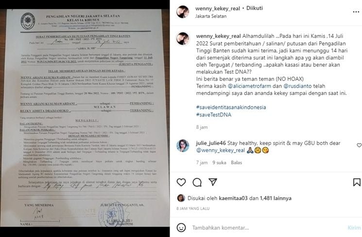 Wenny Ariani menunggah salinan putusan Pengadilan Tinggi Banten soal putrinya, yang merupakan anak biologis dari Rezky Aditya. [Instagram]