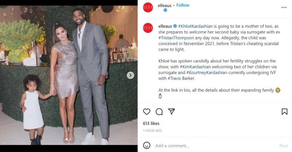 Khloe Kardashian sedang menanti anaknya bersama Tristan Thompson via surrogate setelah diselingkuhi beberapa kali (Instagram/elleaus)
