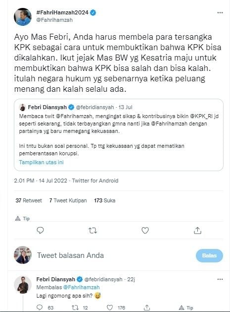 Cuitan Fahri Hamzah dan Febri Diansyah (Twitter)