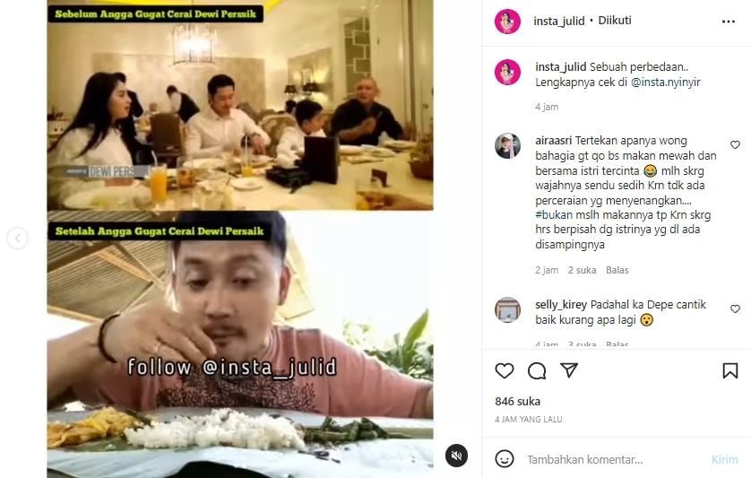 Gaya makan Angga Wijaya dianggap berbeda saat bersama Dewi Perssik dan setelah menggugat cerai sang istri. [Instagram]