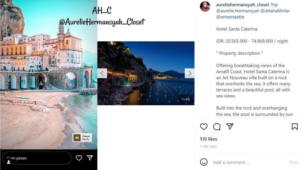 Intip harga hotel yang digunakan oleh Aurel Hermansyah dan Atta Halilintar untuk menginap ketika liburan di Italia (Instagram/aurelhermansyah_closet)