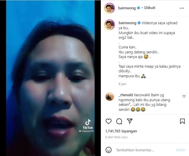 Baim Wong mengunggah video perempuan yang merasa dipermalukan, setelah videonya meminta dilutasi utang diunggah di ayah Kiano Tiger Wong tersebut.di Instagram. [Instagram]