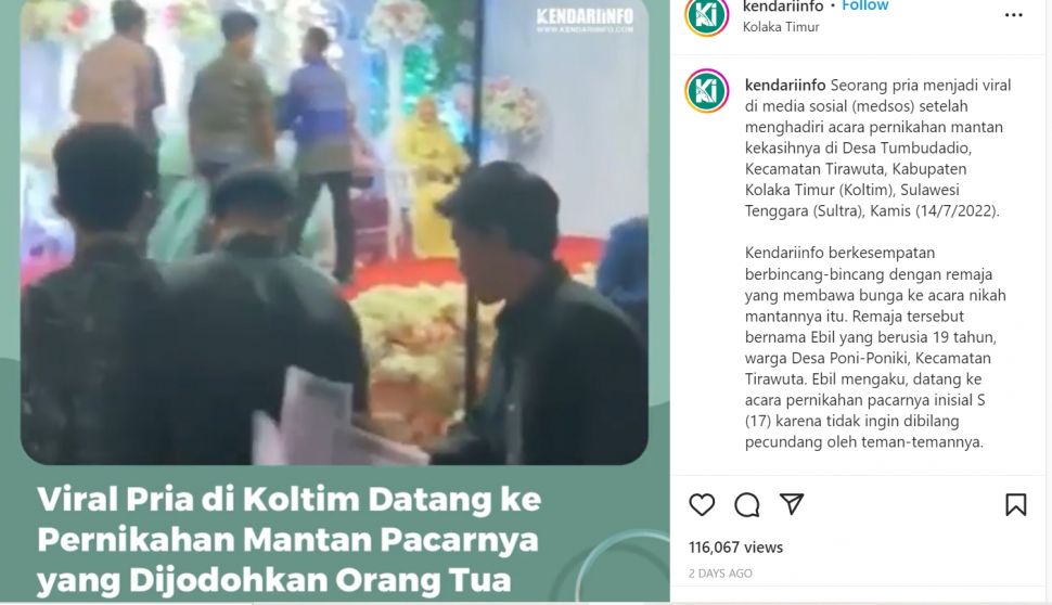 Viral kisah cinta dari seorang pria yang menyaksikan pacarnya menikah dengan orang lain karena perjodohan (Instagram/kendariinfo)