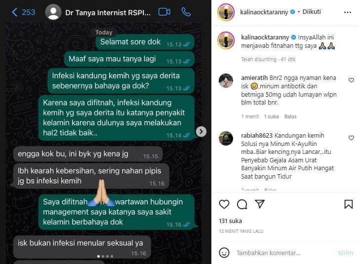 Kalina Oktarani menungkap percakapan dengan seorang dokter, tentang penyakit kandung kemih yang dideritanya dan dianggap penyakit menular seksual. [Instagram]