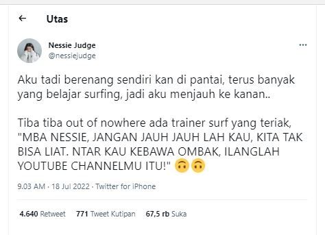 Nessie Judge diteriaki pelatih selancar (TikTok @nessiejudge)