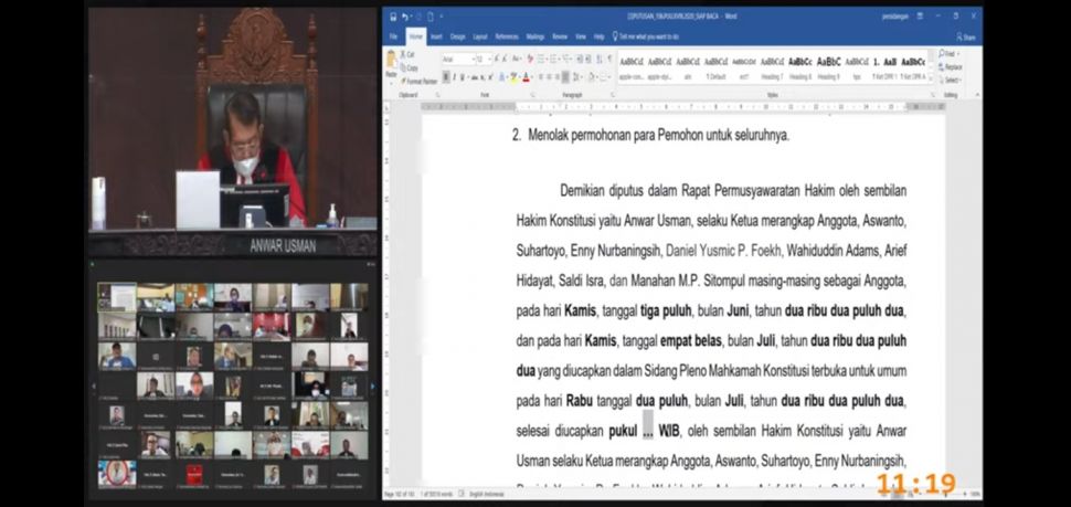 Tangkapan layar sidang MK permohonan uji materil UU No 35/2009 tentang Narkotika, perihal larangan penggunaan narkotika golongan I untuk pelayanan kesehatan. (kontributor / uli febriarni)