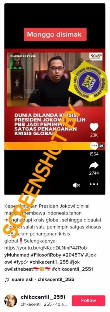 Unggahan yang mengklaim soal kabar Jokowi jadi pemimpin satgas penanganan krisis global. (Turnbackhoax.id)