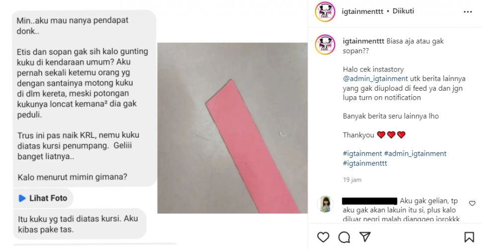 Pengalaman menemukan bekas potongan kuku di kursi penumpang KRL (Instagram/ igtainmenttt)