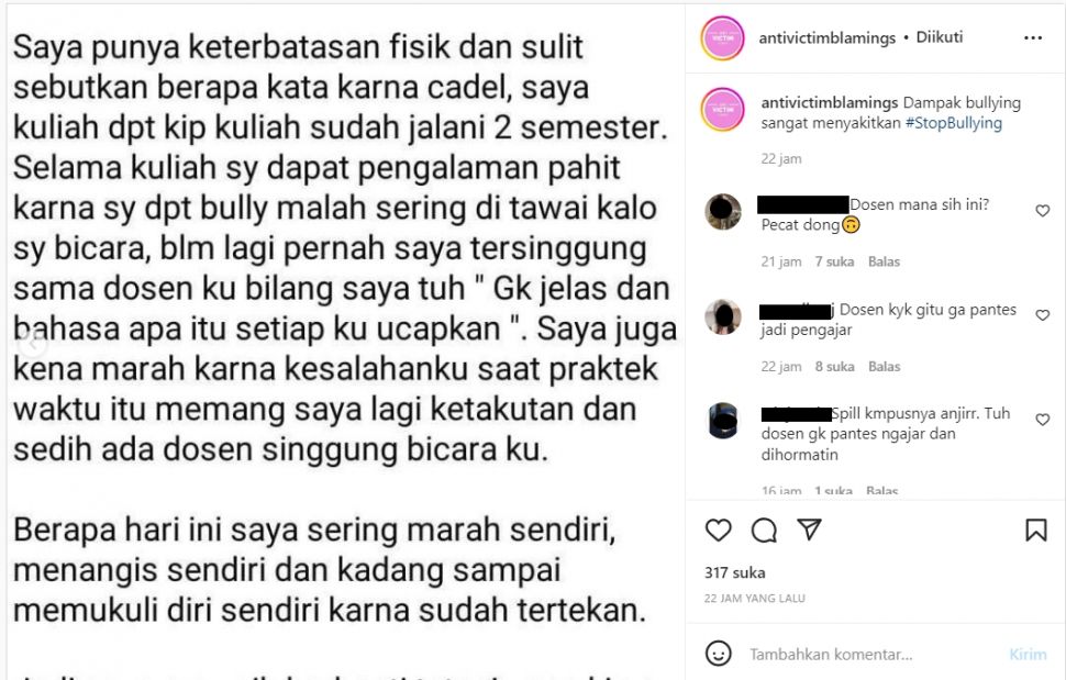 Pengalaman pahit mahasiswa korban bullying karena cadel dan memiliki keterbatasan fisik (Instagram/ antivictimblamings)