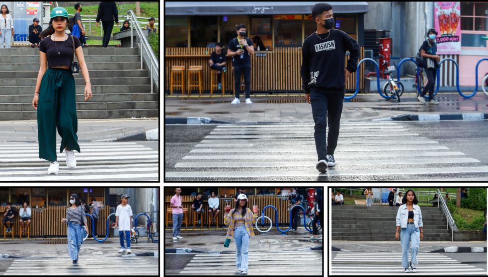 Foto kombo beberapa remaja menyeberangi jalan sambil bergaya di kawasan Dukuh Atas, Jakarta Pusat, Rabu (6/7/2022). [Suara.com/Alfian Winanto]