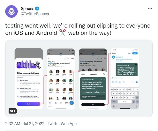 Fitur baru Twitter Spaces, bisa berbagi klip ke lebih banyak orang. [Twitter]