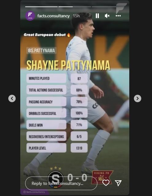 Statistik Shayne Pattynama pada debutnya di Conference League. (Instagram/facts.consultancy)
