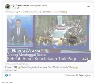 Unggahan yang menyatakan Anang meninggal dunia (Turnbackhoax)