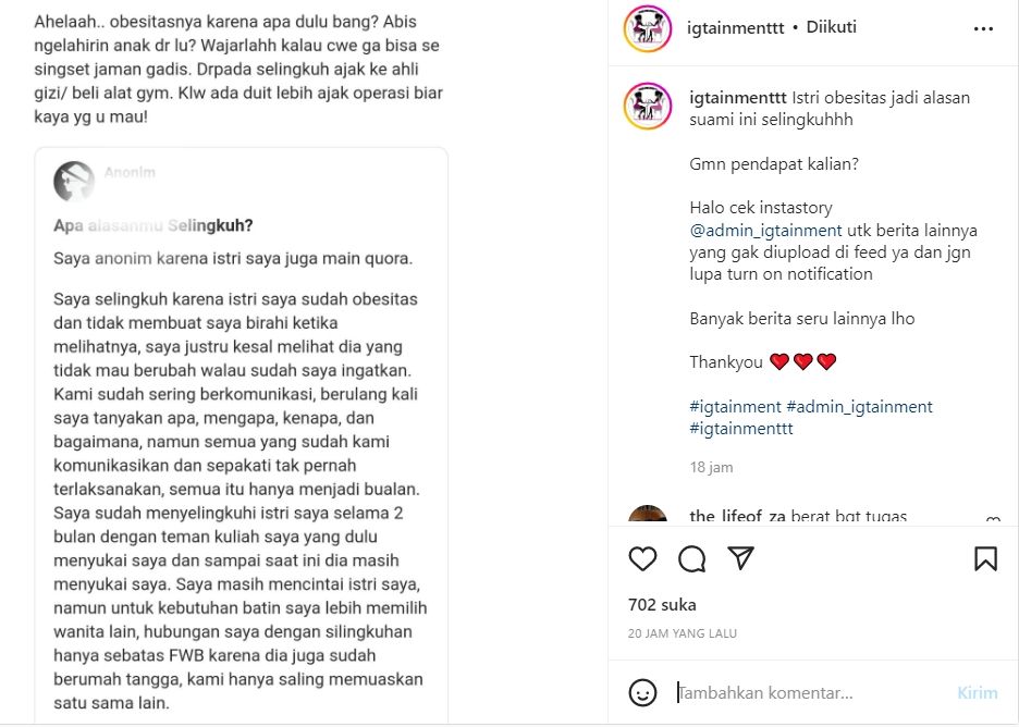 Suami selingkuh gegara istri obesitas dan tak bisa buat berahi (Instagram/ igtainmenttt)